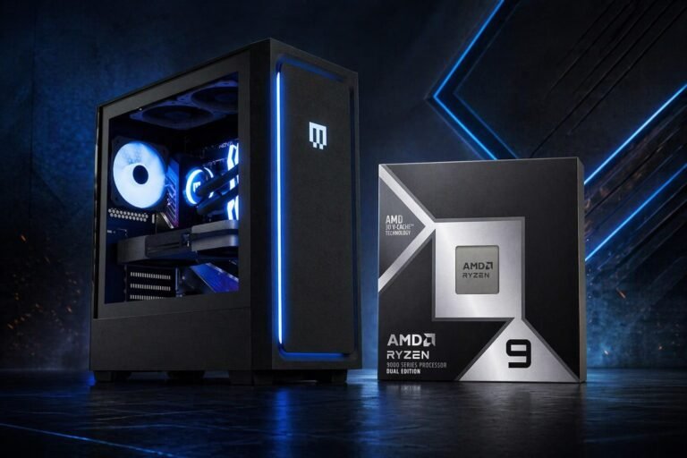 MAINGEAR MG-1 gaming desktop with Ryzen 9 9950X3D2 and RTX 5090, delivering exceptional UK gaming performance with its unique X3D technology and up to 128 GB DDR5 memory