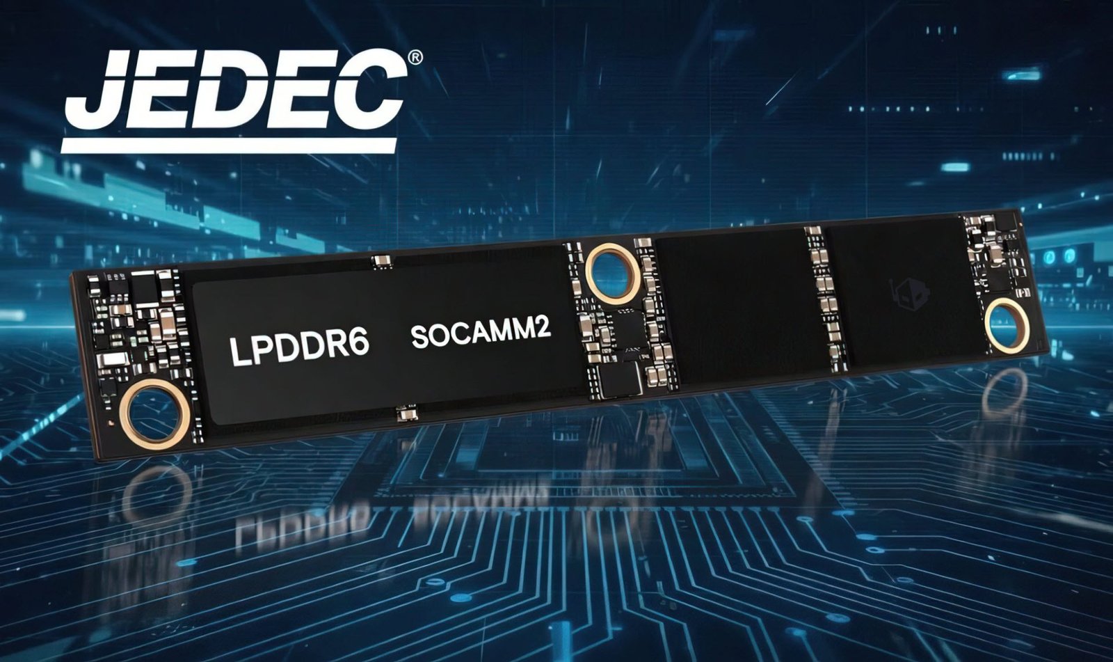 A close-up of the LPDDR6 SOCAMM2 module, showcasing its advanced memory technology and 512 GB capacity, set to power the next generation of AI servers in the UK