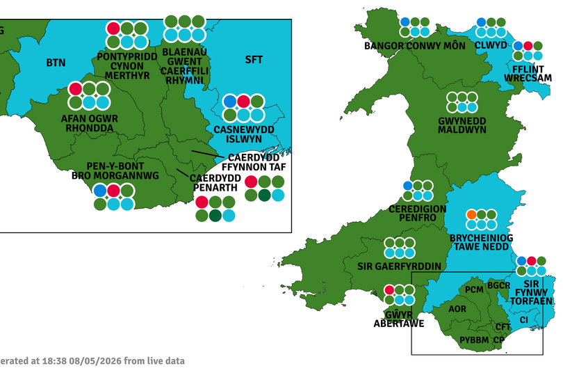 A map of Wales showcasing the new political landscape following the 2026 Senedd Election, with various parties and constituencies highlighted, demonstrating the shift in voter behaviour and the evolving political map of the country