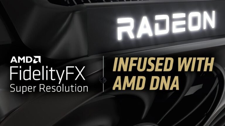 A descriptive image of a GPU with a cityscape in the background, symbolizing the UK GPU market, with a focus on FSR technology and the impact of team members leaving AMD to join NVIDIA or Intel