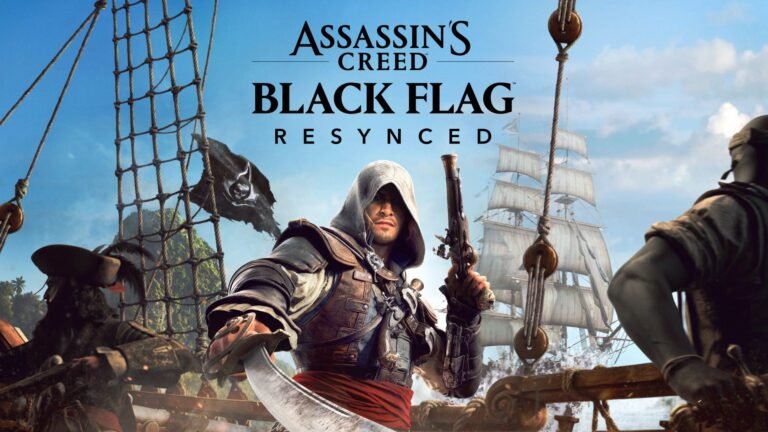 Assassin's Creed Black Flag Resynced featured image, showcasing the game's improved graphics and pirate fantasy setting, with Edward Kenway navigating the Caribbean seas in the UK