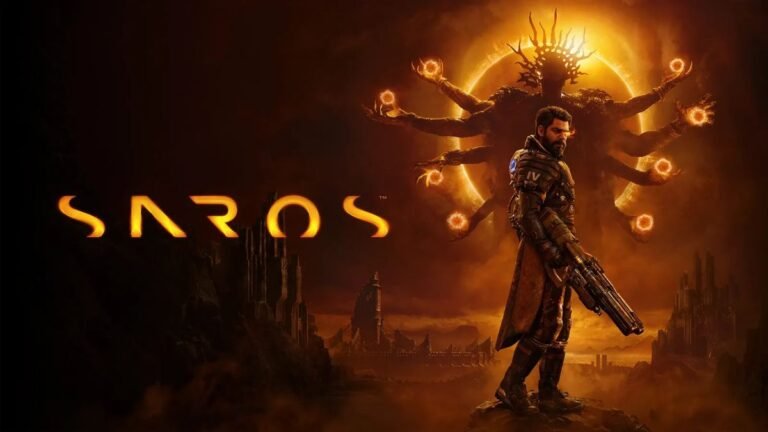 Saros gameplay screenshot, showcasing vibrant colours and intense action, with a focus on the game's primary keyword, Saros, and its unique blend of genres, set in a captivating UK gaming landscape