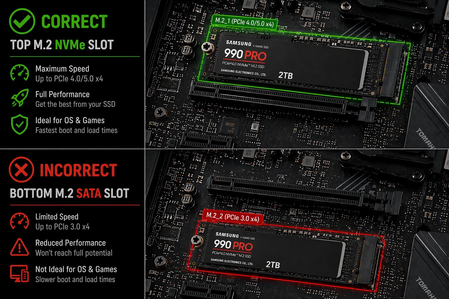 A close-up of an M.2 slot on a motherboard, with a gum stick-shaped SSD installed, highlighting the importance of choosing the right slot for optimal performance in the UK