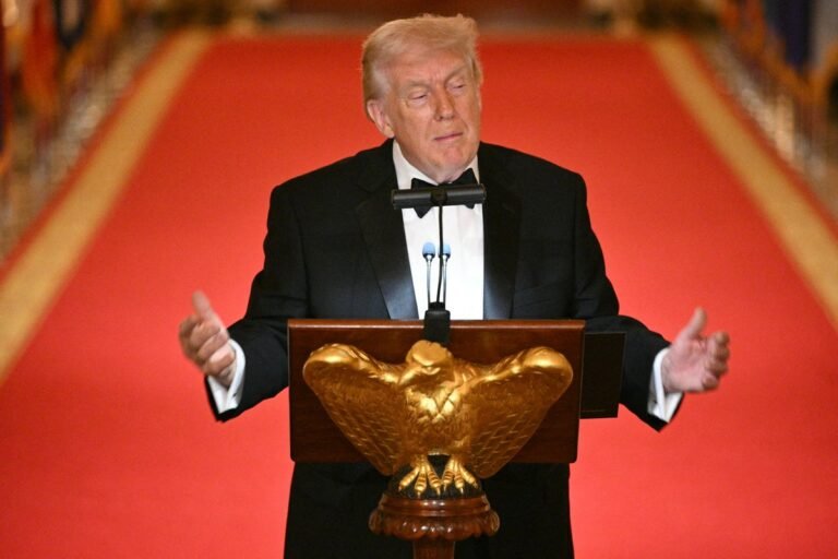 Donald Trump attending the White House Correspondents' Dinner, surrounded by journalists and commentators, with a focus on his behaviour and interactions with the media, as he attempts to reshape his public image and garner support for his future political endeavours