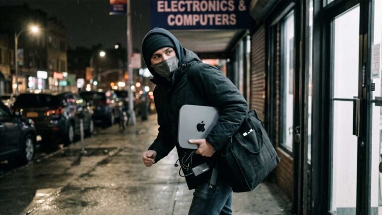 A photo of a Mac mini computer with a caption that reads 'stolen Mac mini' - the device was left in a public area by FedEx and quickly snatched by a thief who then listed it on a UK online marketplace, leaving behind a trail of evidence that led to their capture