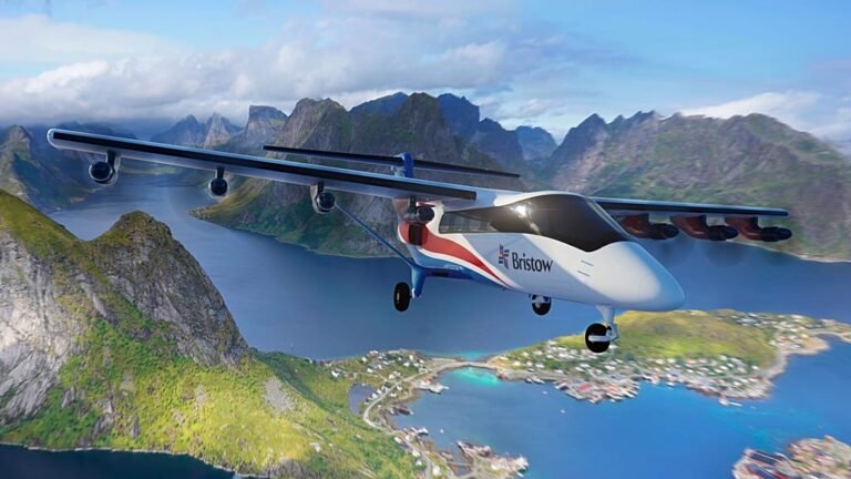 A descriptive image of the 9-seat plane taking off in a remote area, showcasing its exceptional short take-off and landing capabilities, with the primary keyword 'remote connectivity' in the context of Norway's innovative aircraft
