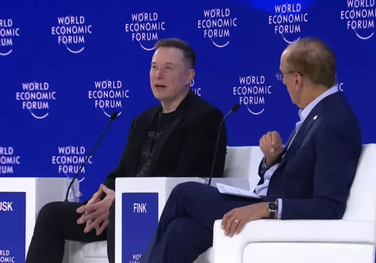 Elon Musk speaking at the World Economic Forum, discussing his views on aging as a solvable problem, with a focus on innovation and technology