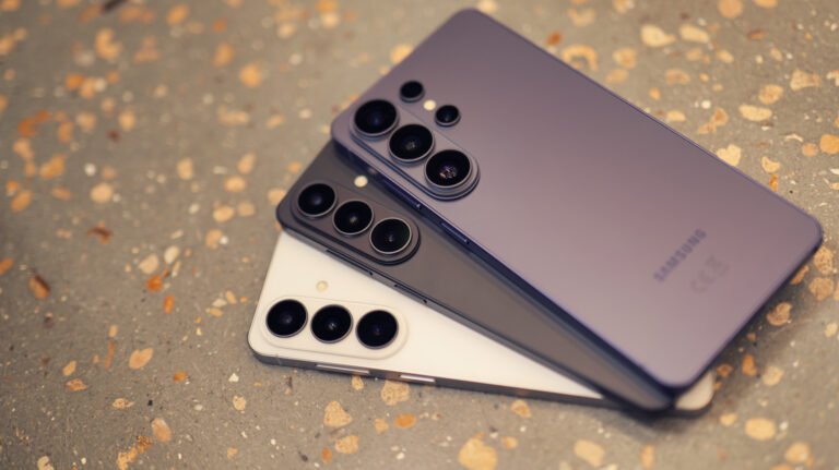 A person holding a Samsung phone, with a disappointed expression, surrounded by other devices with faster charging speeds and cleaner software, in the UK