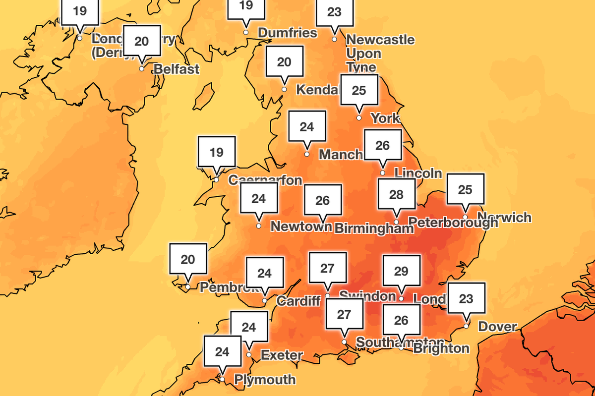 A map of the UK showing areas where temperatures could hit 30C during the heatwave, with a primary focus on the heatwave and its impact on the UK