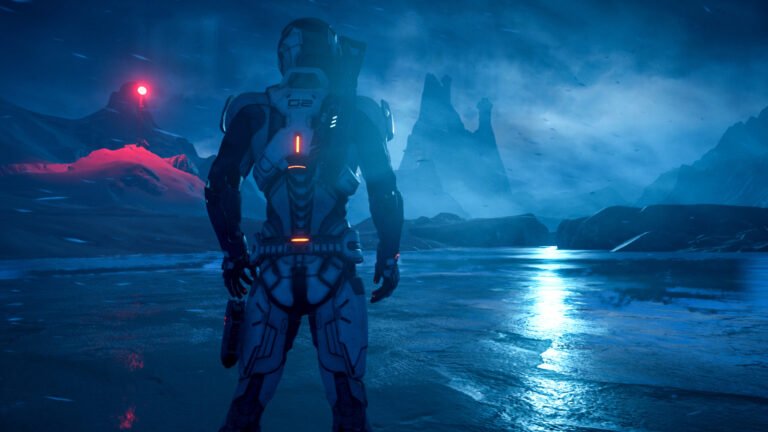 A screenshot of Mass Effect Andromeda's protagonist Ryder, with a descriptive background of the game's universe, showcasing the game's colour palette and behaviour of the characters, set in the UK gaming scene