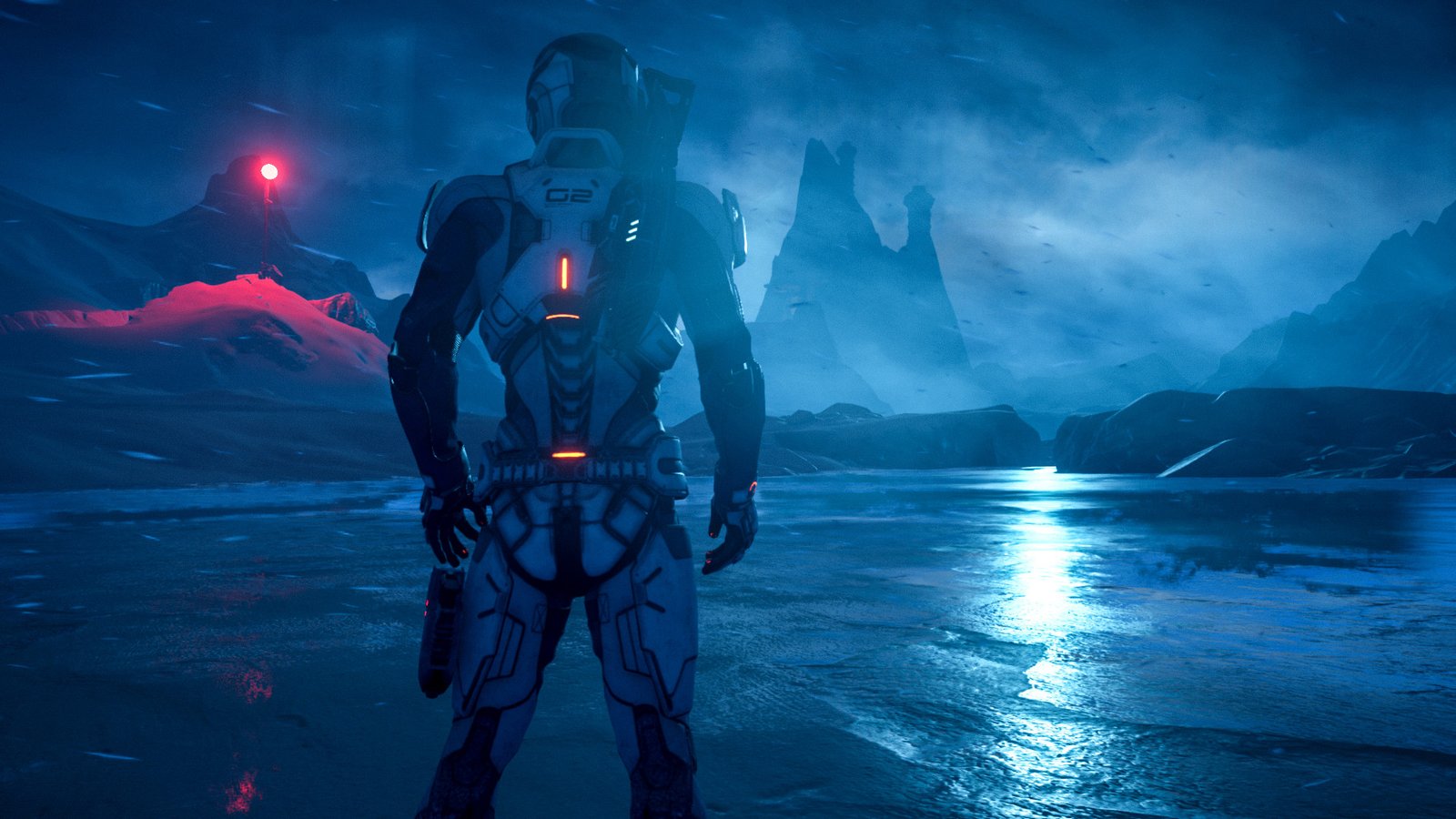 A screenshot of Mass Effect Andromeda's protagonist Ryder, with a descriptive background of the game's universe, showcasing the game's colour palette and behaviour of the characters, set in the UK gaming scene