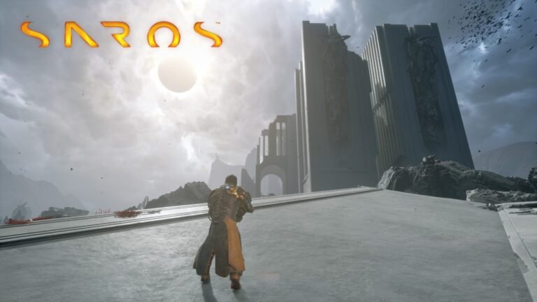 A screenshot of the Saros game, showing a player character holding a weapon, with a descriptive caption that reads: 'Get ready to unlock your favourite weapon in Saros and take your gaming experience to the next level, with this expert tip for UK gamers'