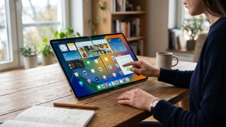 The Apple iPad Fold is a highly anticipated device that may not see a release in the UK due to various reasons, including price and design complications. The image shows a concept design of the iPad Fold, with a large foldable screen and a sleek metal body. The device is shown in a natural colour, with a subtle Apple logo on the back. The iPad Fold is a complex product that requires careful consideration of various factors, including price, design, and software.