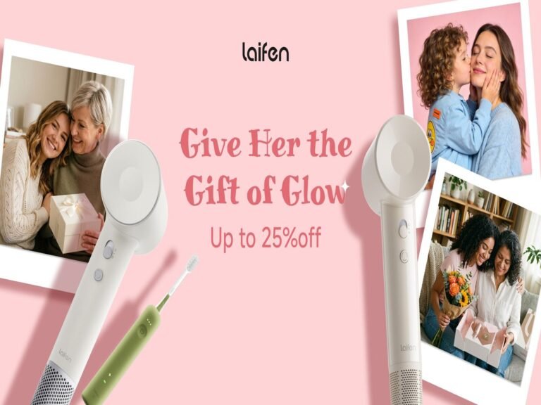 A woman in the UK enjoying a salon-quality hairstyle, courtesy of Laifen's high-speed hair dryer, embodying the essence of 'lazy beauty' with a focus on personal care products