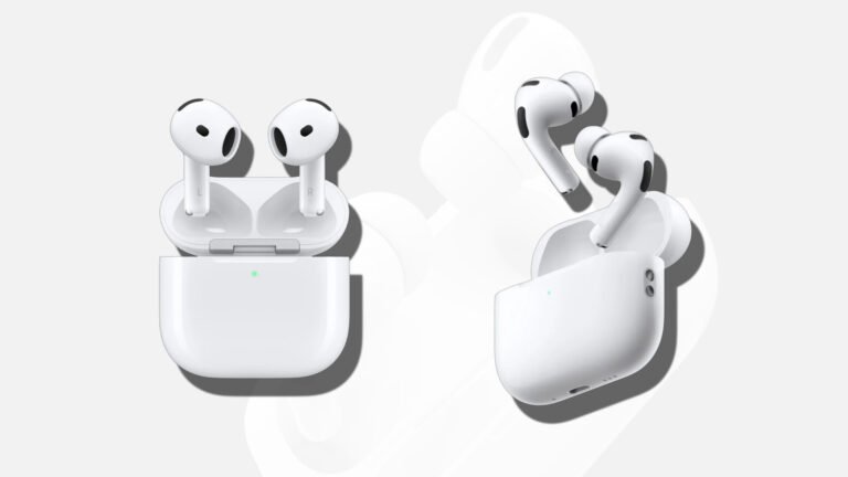 Apple AirPods wireless earbuds in various colours, with a person wearing a pair and listening to music on their iPhone in the UK, with a discount tag and a call-to-action to shop now and save up to 22%