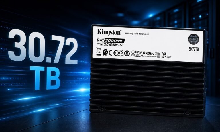 Kingston's DC3000ME 30.72 TB Gen 5.0 U.2 NVMe SSD, a high-capacity storage solution for UK data centres, featuring rapid sequential read speeds and massive storage capabilities, perfect for AI operations and data analysis