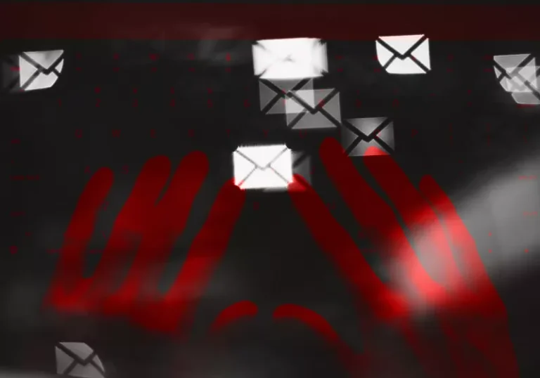 A person typing on their laptop, with a worried expression, as they receive a fake maintenance email from LastPass, highlighting the importance of online security and password management in preventing phishing campaigns.