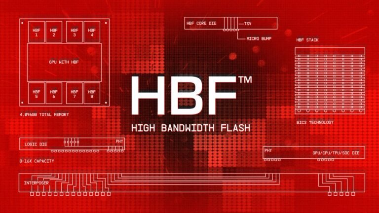 A close-up of a circuit board with HBF memory chips, with a cityscape in the background, representing the UK tech industry and the potential of HBF memory to shape its future, with a focus on High-Bandwidth Flash technology