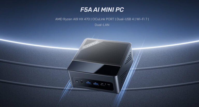 The ACEMAGIC F5A Mini PC, a compact computer featuring the AMD Ryzen AI 9 HX 470, showcased on a desk with various connectivity options, highlighting its small size and versatility in a UK setting