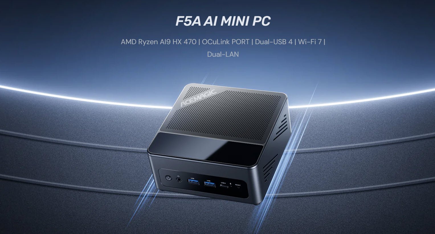 The ACEMAGIC F5A Mini PC, a compact computer featuring the AMD Ryzen AI 9 HX 470, showcased on a desk with various connectivity options, highlighting its small size and versatility in a UK setting