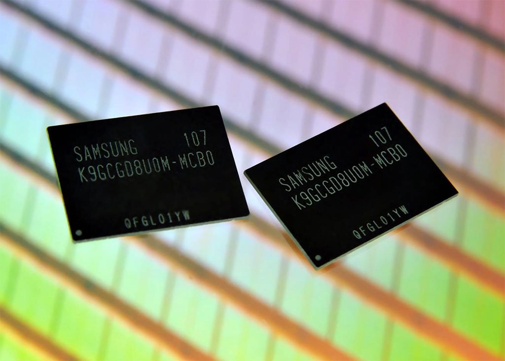 A Taiwanese firm's factory, with workers assembling semiconductor products, highlighting the growth of the MLC NAND business in the UK, with a focus on Samsung's exit and its impact on the tech industry
