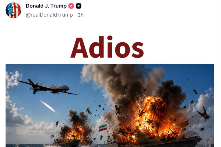 Donald Trump sitting in front of a computer screen with a shocked expression, surrounded by images of his Truth Social posts, including a picture of Barack Obama in prison and an AI-generated image of Iranian ships being bombed, with a caption that reads 'Trump's Truth Social frenzy'