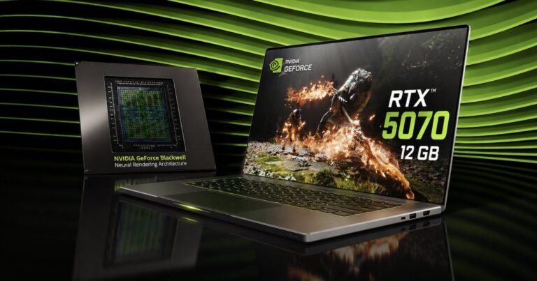 A close-up of the NVIDIA GeForce RTX 5070 Laptop GPU, showcasing its 12GB memory and advanced cooling system, highlighting the primary keyword of NVIDIA GeForce RTX 5070 Laptop GPU