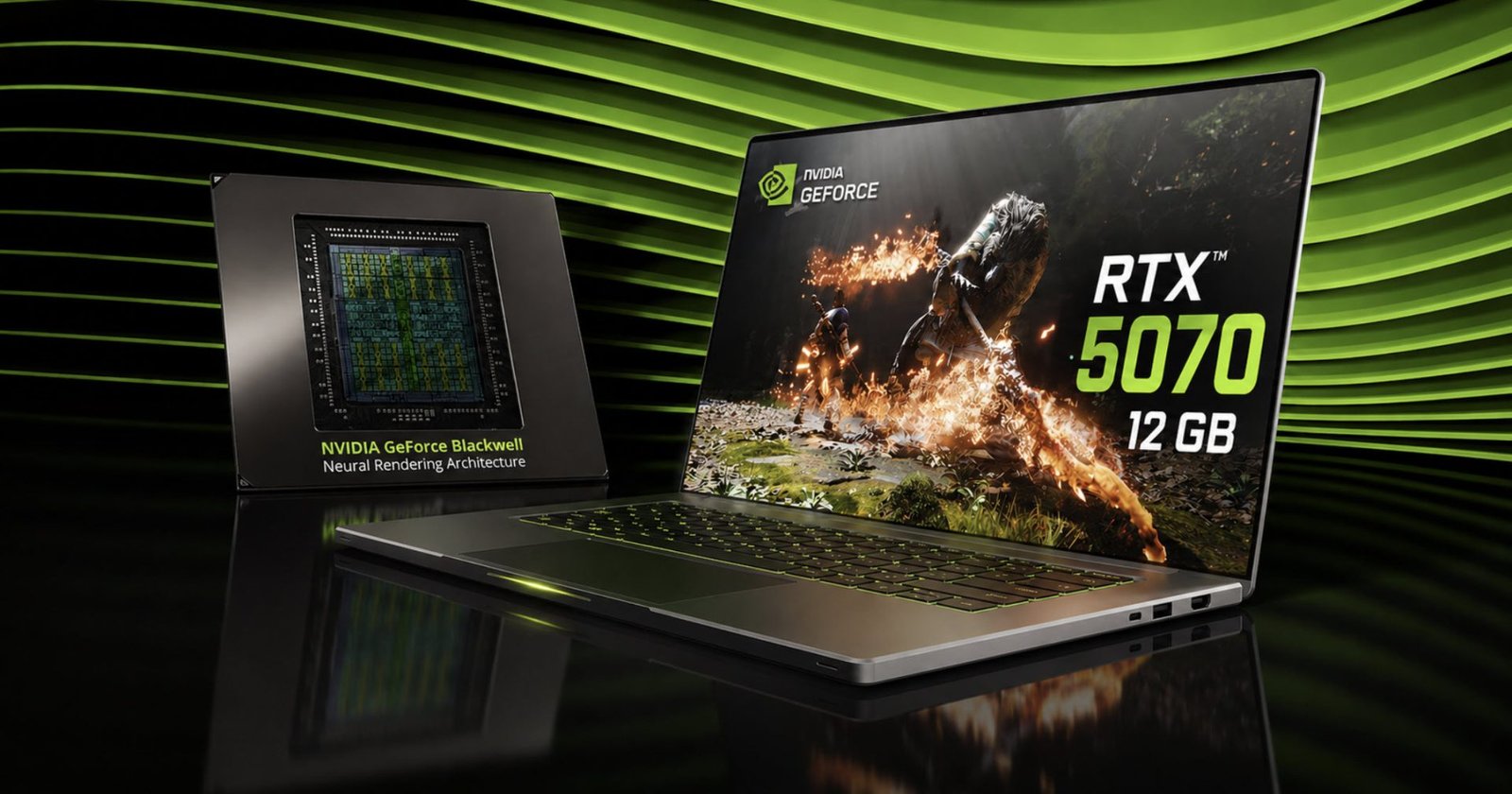 A close-up of the NVIDIA GeForce RTX 5070 Laptop GPU, showcasing its 12GB memory and advanced cooling system, highlighting the primary keyword of NVIDIA GeForce RTX 5070 Laptop GPU