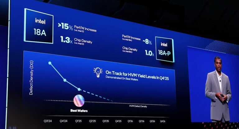 Intel's 18A-P and EMIB technologies are leading the charge in the UK tech industry, with a natural and descriptive image of a semiconductor wafer, showcasing the company's commitment to delivering cutting-edge technologies in the UK