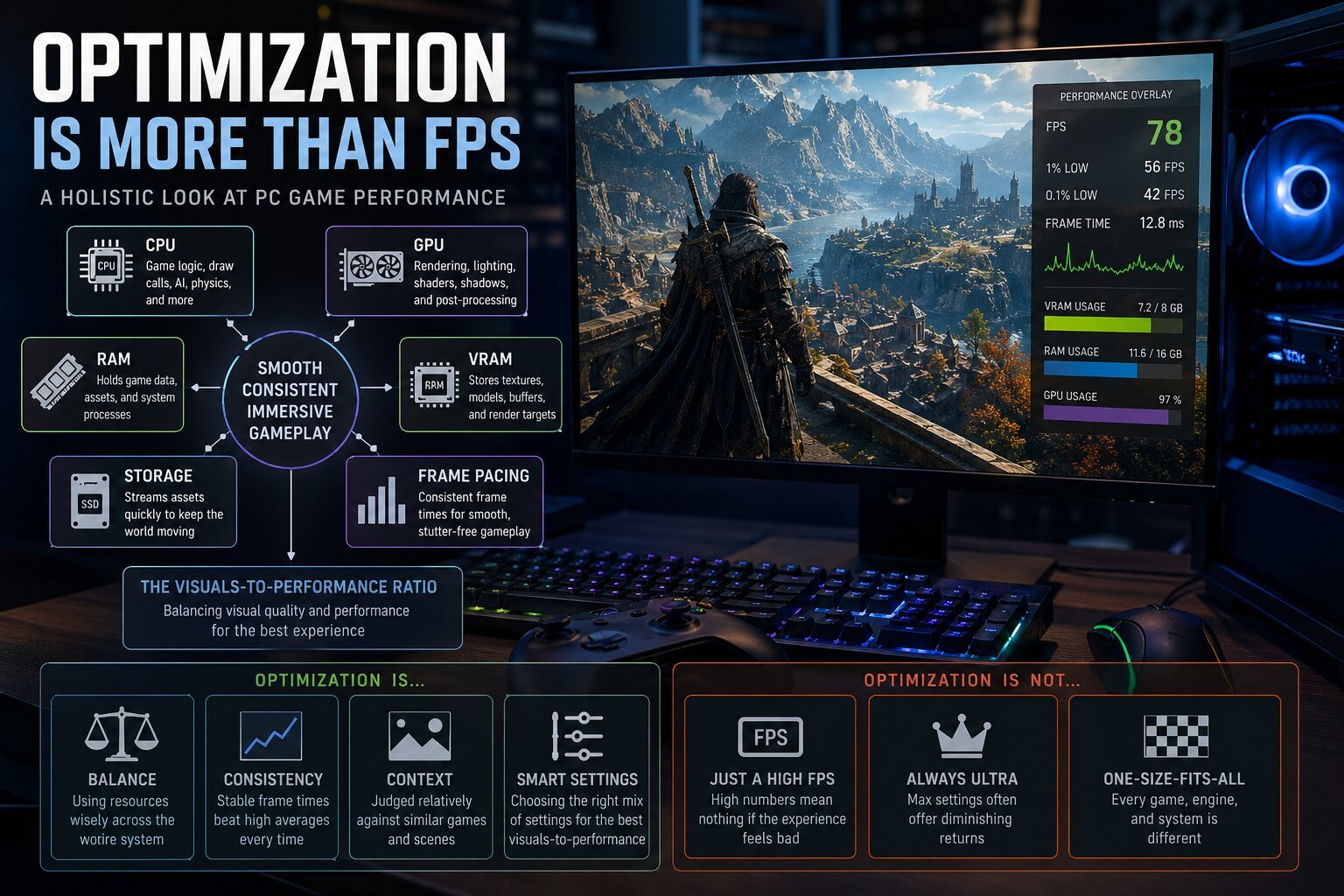 A close-up of a gaming keyboard with a high FPS counter display, highlighting the importance of PC game optimization for a smooth gaming experience in the UK