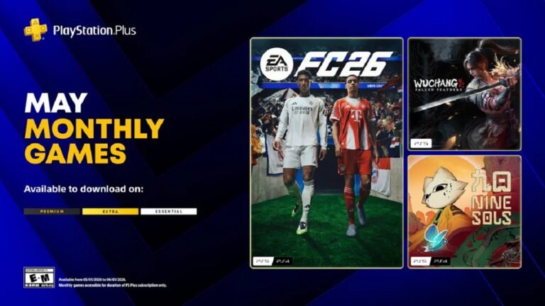 Featured image of a gamer playing a Soulslike game on their PlayStation console, with a football stadium in the background, symbolizing the fusion of different gaming genres in the May 2026 PS Plus Essential lineup, including EA Sports FC 26