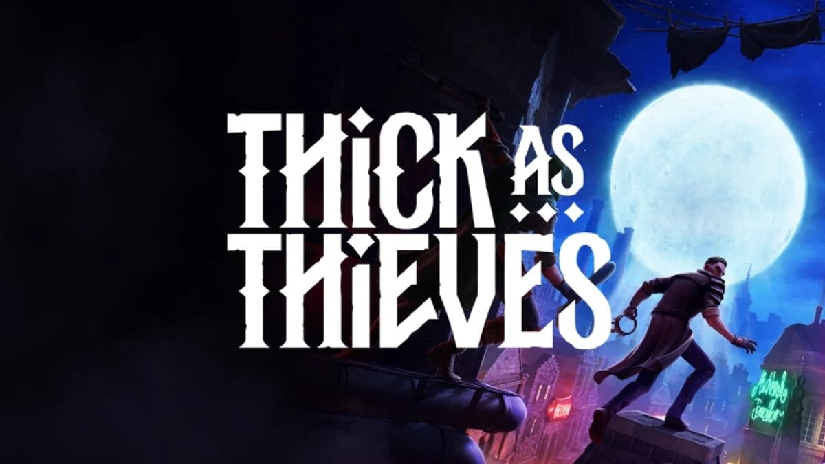 Warren Spector's Thick as Thieves gameplay screenshot, featuring co-op stealth action and a unique colour palette, set in a futuristic UK cityscape