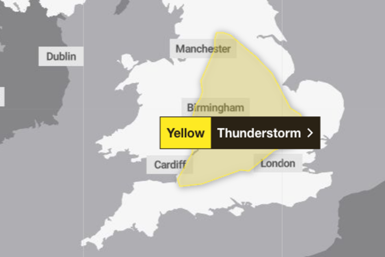 A map of the UK showing areas where thunderstorms are likely to hit, with a dark cloud looming in the background, symbolising the unpredictable weather behaviour and colour of the storms