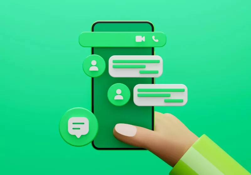 WhatsApp messaging app on a smartphone, with a lock icon representing encryption and a magnifying glass symbolising data analysis, highlighting the importance of data privacy and online security for WhatsApp users
