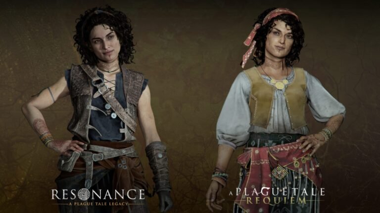 Resonance: A Plague Tale Legacy screenshot, featuring a young girl navigating a dark and eerie environment, with a primary focus on the upcoming game's release in the UK and its unique blend of action and adventure