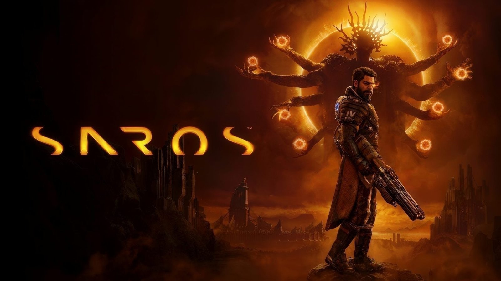 Explore the dark space adventure of Saros, with its captivating narrative and intense action, set amidst the eerie landscape of planet Carcosa, showcasing the game's stunning colour palette and atmospheric lighting, as the protagonist Arjun Devaraj navigates the challenges of the game, in this thrilling UK gaming experience