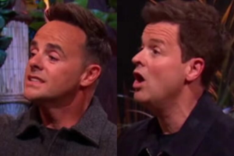 Ant and Dec standing in the car park, looking concerned, with Jimmy Bullard and David Haye in the background, surrounded by a crowd of people, with a mix of colour and chaos in the scene, as they analyse the behaviour of the celebrities involved