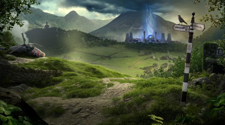 A screenshot of the game Atomfall, showing a post-apocalyptic landscape with a British twist, featuring a mix of ruins and futuristic elements, set in the UK, with a focus on the primary keyword, Atomfall