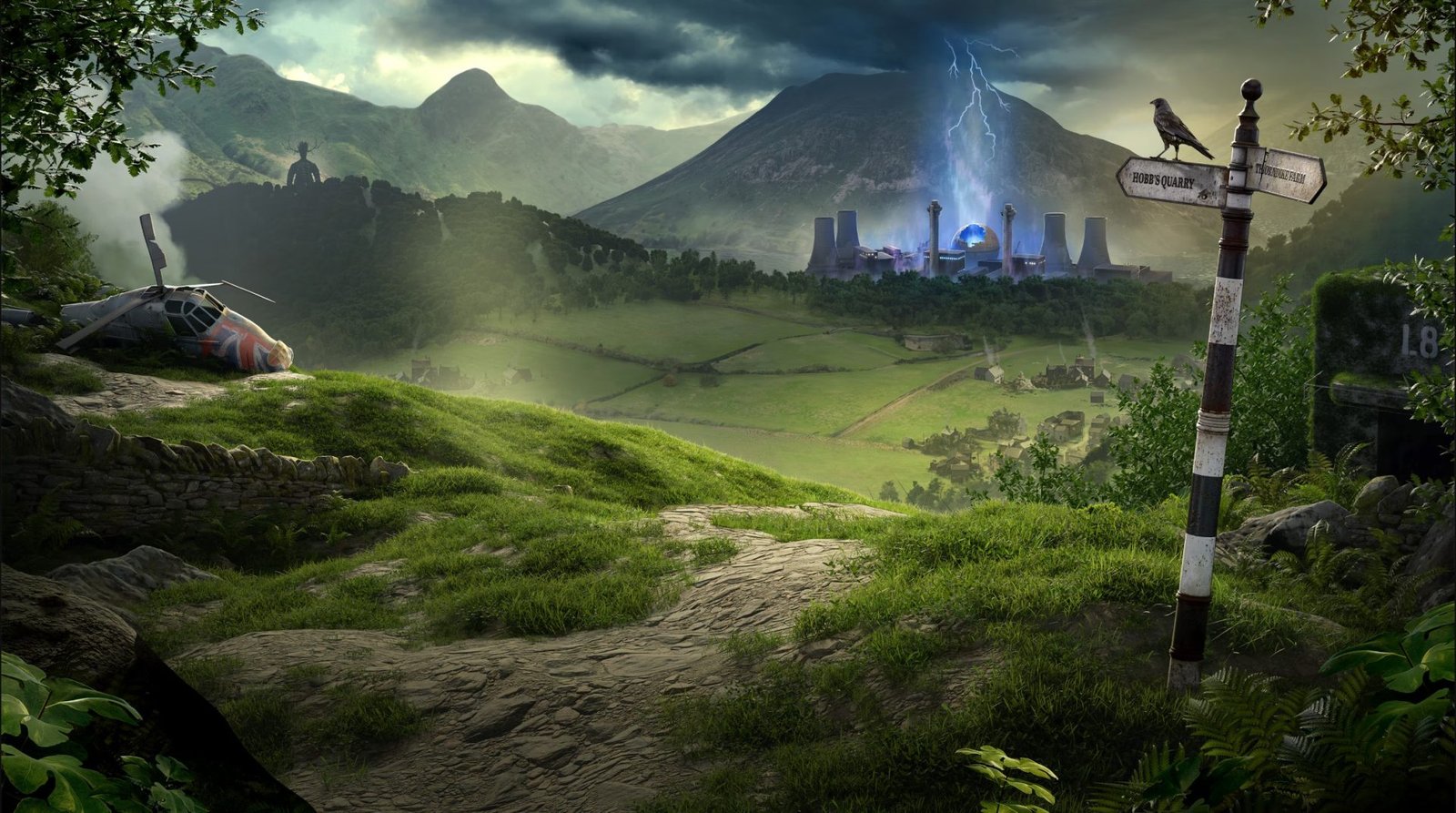 A screenshot of the game Atomfall, showing a post-apocalyptic landscape with a British twist, featuring a mix of ruins and futuristic elements, set in the UK, with a focus on the primary keyword, Atomfall