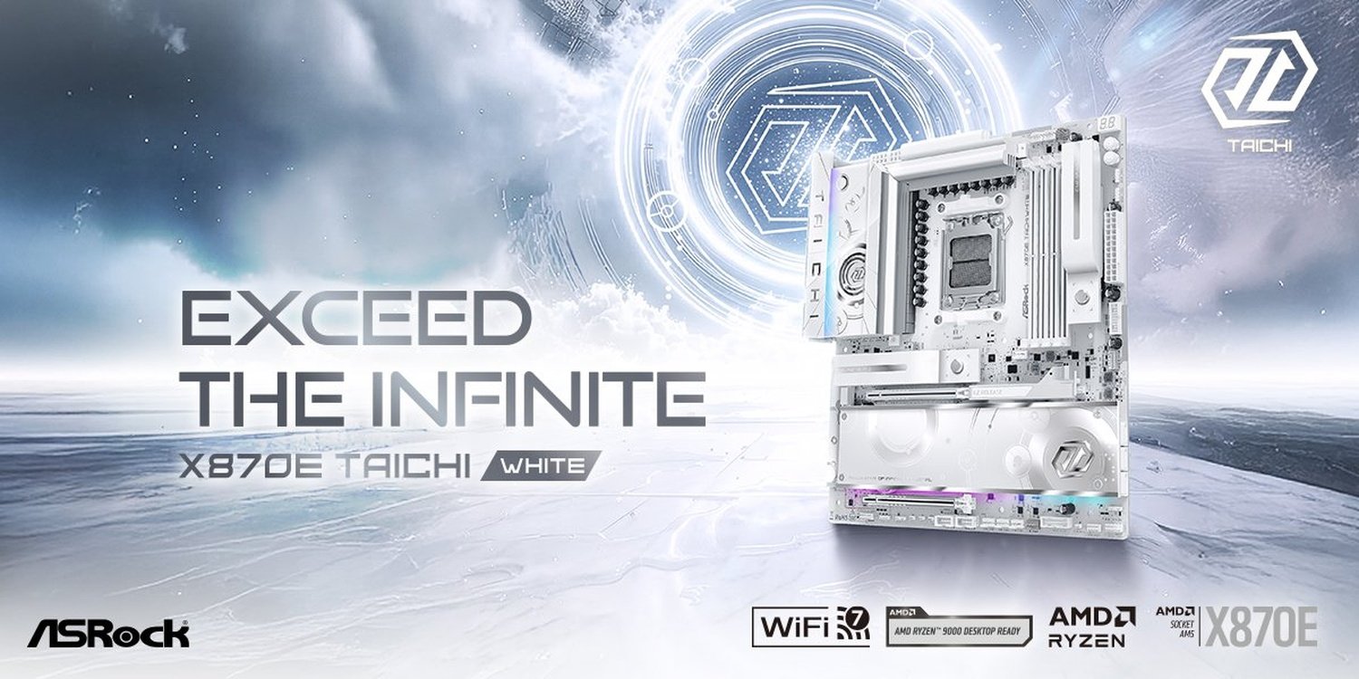 The ASRock X870E Taichi White motherboard, featuring a unique all-white design, 27 power phase VRM, and PCIe Gen 5.0 support, designed for high-end Ryzen CPUs in the UK