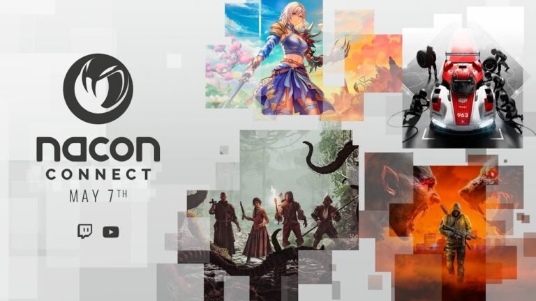 Nacon Connect event logo, featuring a group of gamers gathered around a screen, with a cityscape in the background, showcasing the UK gaming industry