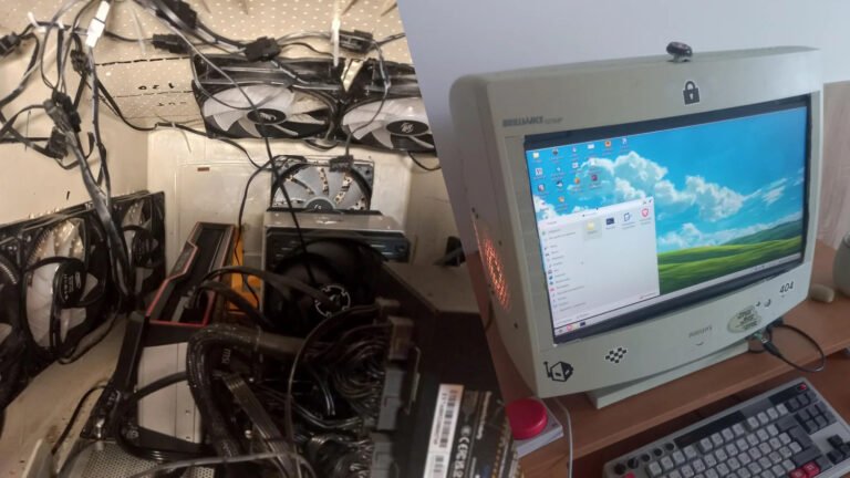 A broken CRT monitor transformed into a 1440p gaming PC with a Ryzen processor and RX 6900 XT graphics card, featuring a laptop panel display and several case fans, highlighting the UK's innovative approach to PC modding and e-waste reduction