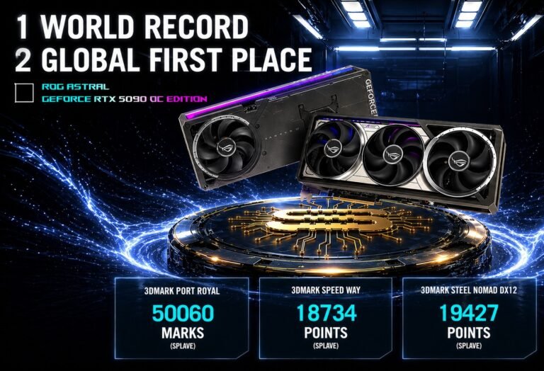 The ASUS ROG Astral RTX 5090 graphics card, featuring a single 16-pin connector and 36 Gbps memory, delivering exceptional performance and breaking 3DMark World Records in the UK, with a focus on NVIDIA RTX 5090 technology