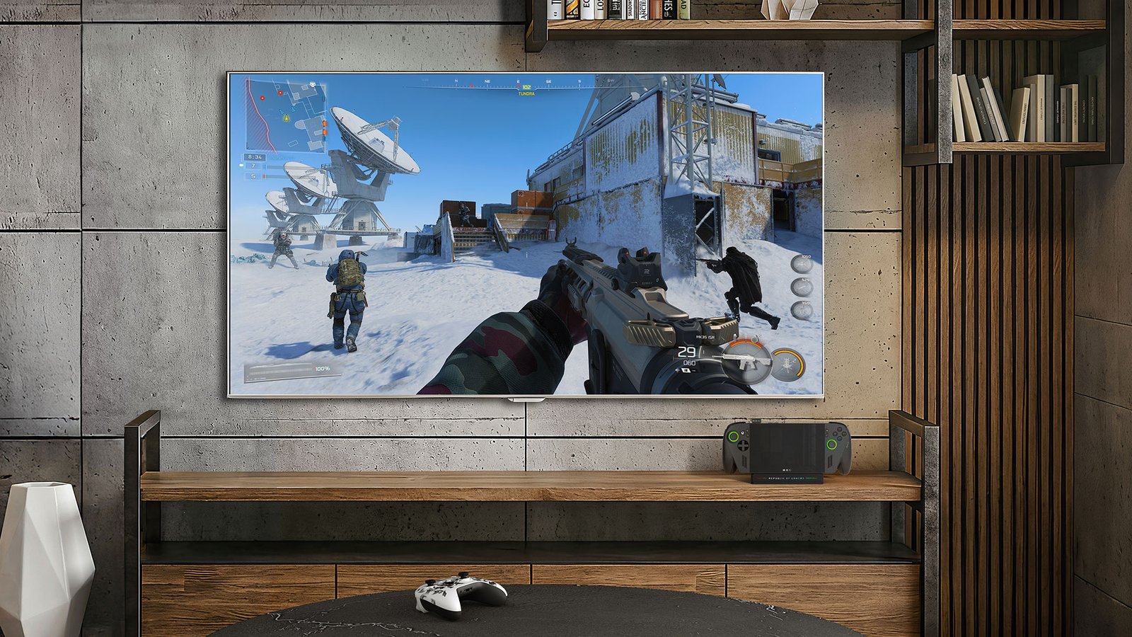 The ROG Xbox Ally X handheld gaming device with a vibrant display, showcasing its auto super resolution feature and docked mode improvements, providing a console-like experience for gamers in the UK