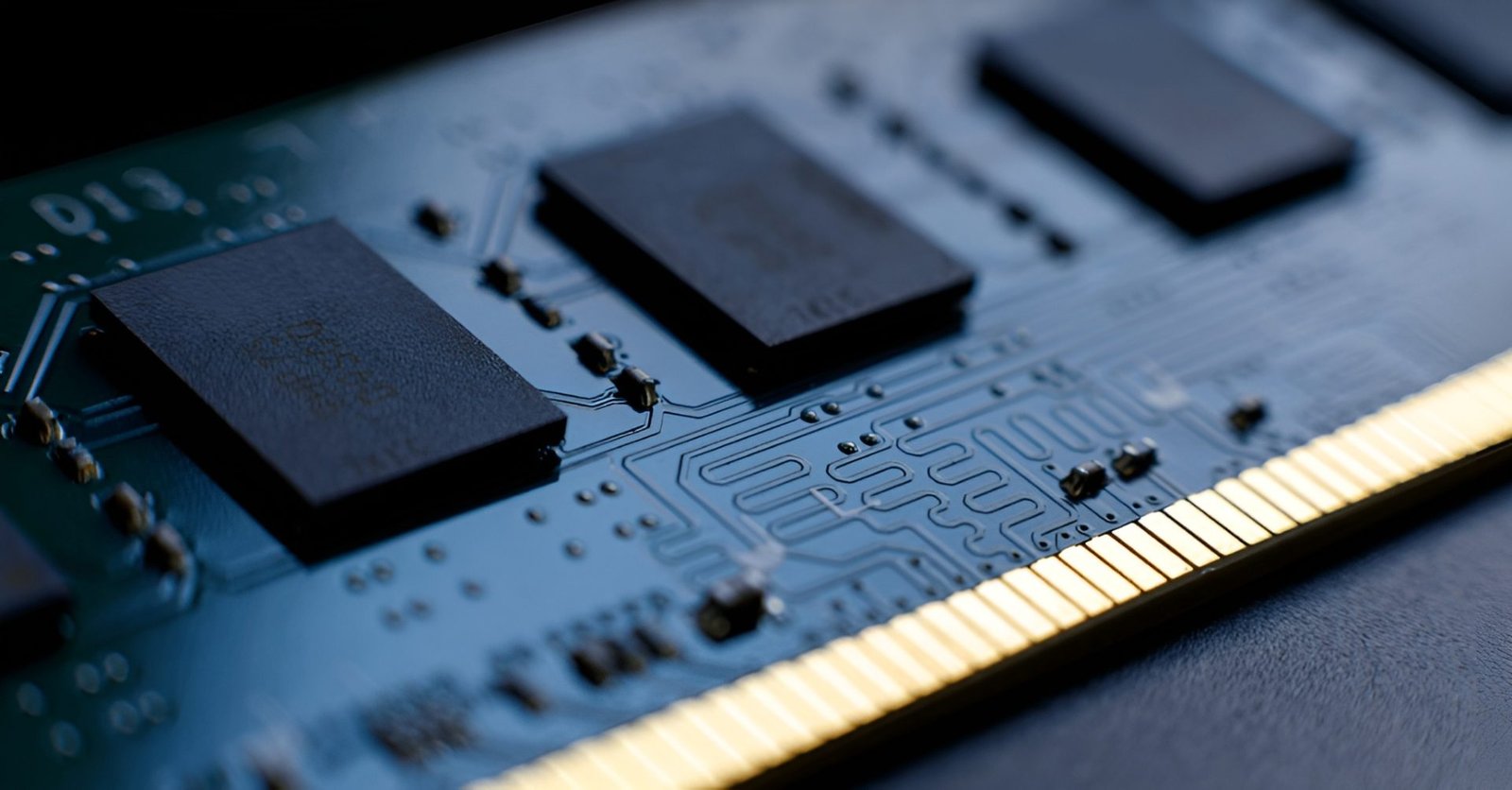A close-up of a memory chip, with a background of circuit boards and wires, highlighting the importance of memory chips in AI technology, with a focus on UK memory prices