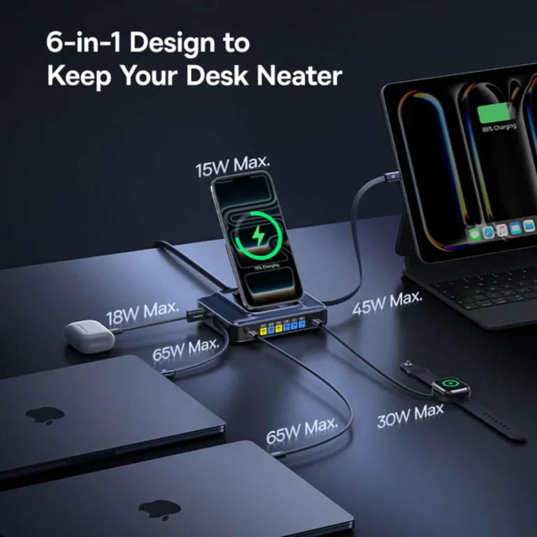 The Baseus Nomos NH21 6-in-1 GaN charging station with dual retractable cables and a built-in display, featuring a compact design and fast charging capabilities, perfect for charging multiple devices simultaneously with GaN technology.