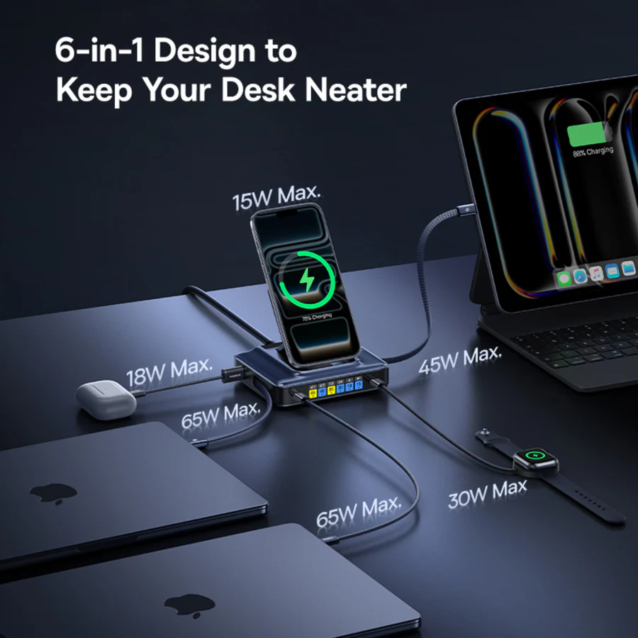 The Baseus Nomos NH21 6-in-1 GaN charging station with dual retractable cables and a built-in display, featuring a compact design and fast charging capabilities, perfect for charging multiple devices simultaneously with GaN technology.