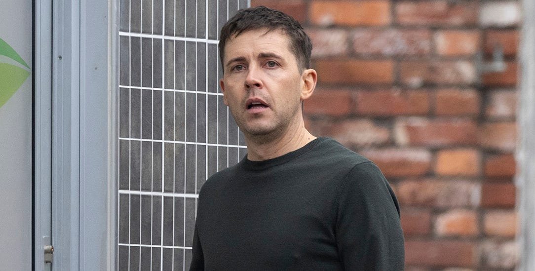Todd Grimshaw looking distraught after the Theo ordeal, a dramatic and traumatic experience for the Coronation Street character, as he struggles to come to terms with his past and navigate the road to recovery