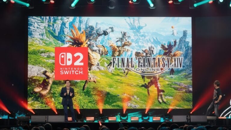 Final Fantasy XIV on Nintendo Switch 2, featuring a Joy-Con mouse trick and optimized performance, with a UK gamer playing on a train, showcasing the game's portability and convenience, with a colourful and vibrant background, highlighting the game's engaging gameplay and stunning visuals
