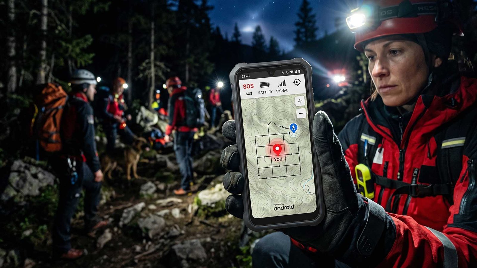 A person in a remote area using their Android smartphone to call for emergency services, with a satellite connection icon on the screen, highlighting the importance of life-saving features and satellite connectivity in the UK